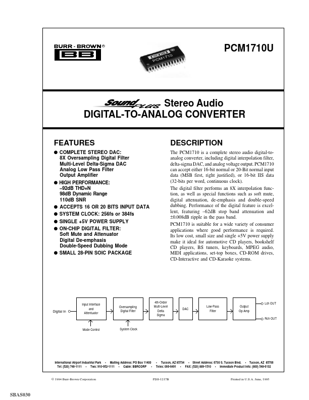 PCM1710U Stereo Audio DIGITAL-TO-ANALOG CONVERTER by Burr-Brown - Datasheet Preview