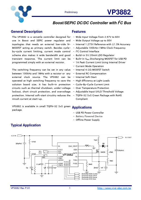 VP3882 Boost/SEPIC DC/DC Controller by Viva Electronics - Datasheet Preview