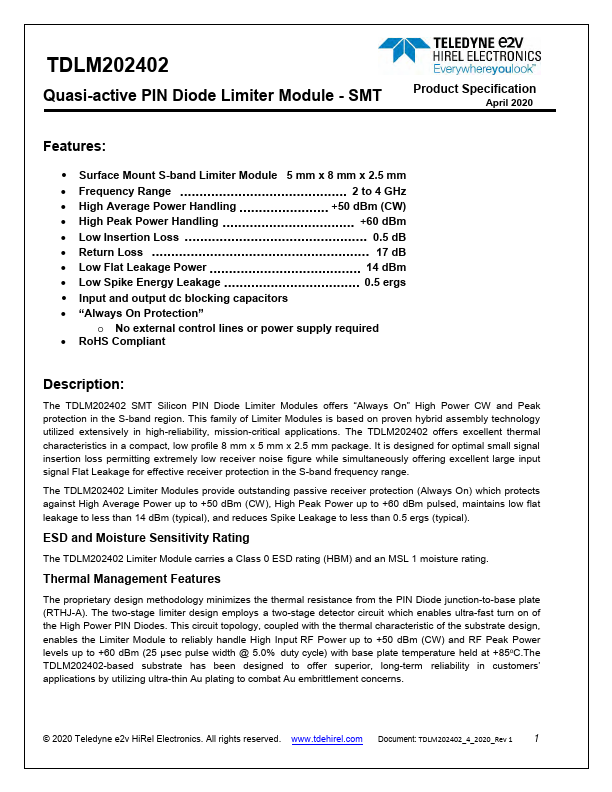 TDLM202402 Quasi-active PIN Diode Limiter Module by Teledyne - Datasheet Preview