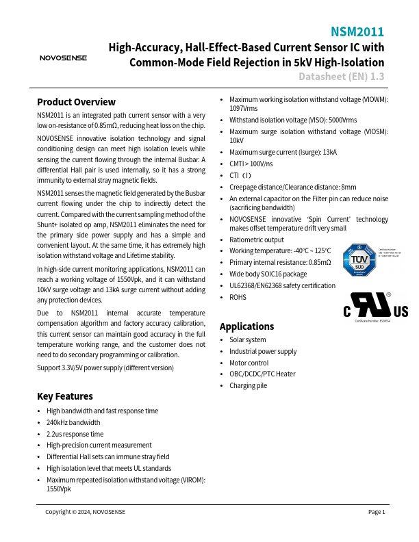 NSM2011 Hall-Effect-Based Current Sensor IC by NOVOSENSE - Datasheet Preview