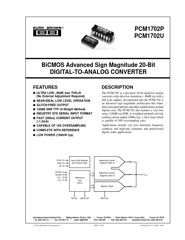 PCM1702P 20-Bit DIGITAL-TO-ANALOG CONVERTER by Burr-Brown - Datasheet Preview