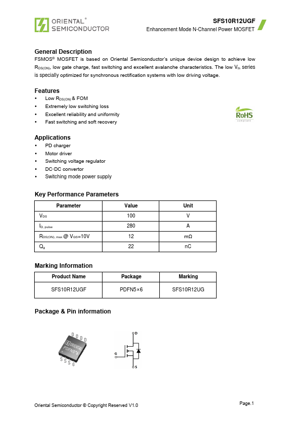 SFS10R12UGF N-Channel Power MOSFET by Oriental Semiconductor - Datasheet Preview