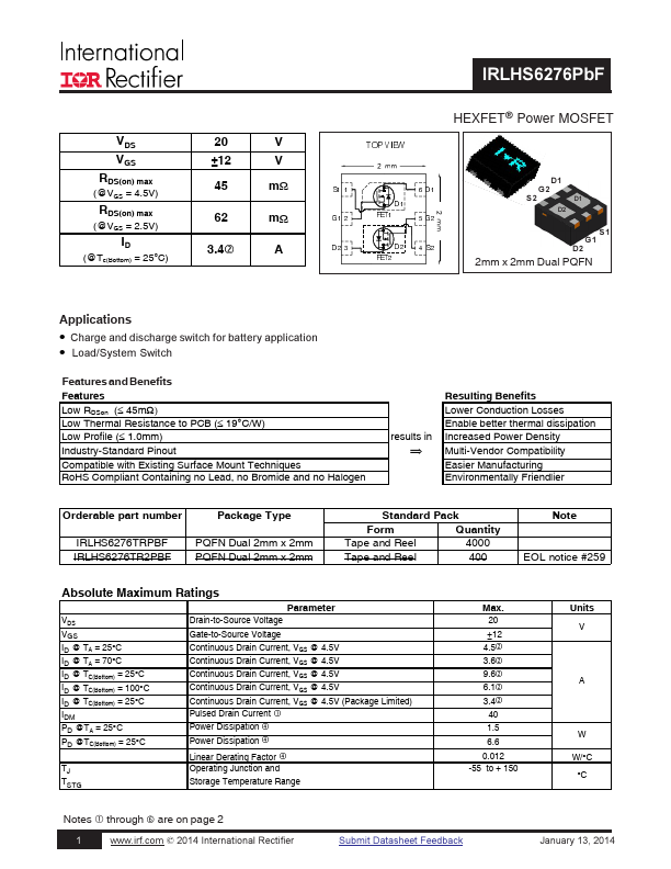 IRLHS6276 Datasheet Preview
