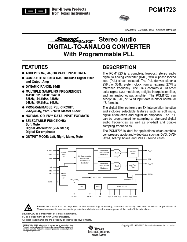 PCM1723 Stereo Audio DIGITAL-TO-ANALOG CONVERTER by Burr-Brown - Datasheet Preview
