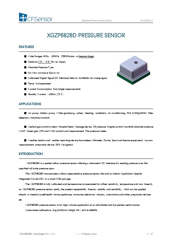 XGZP6828D Calibrated Pressure Sensor by CFSensor - Datasheet Preview