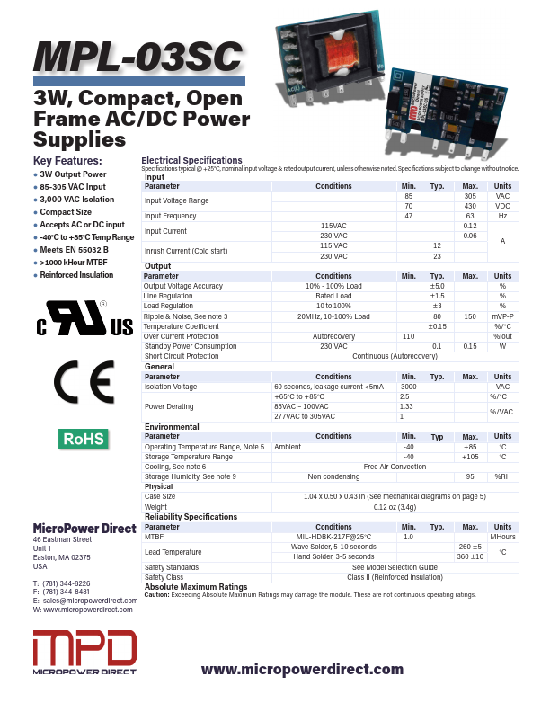 MPL-03SC Open Frame AC/DC Power Supplies by MicroPower Direct - Datasheet Preview