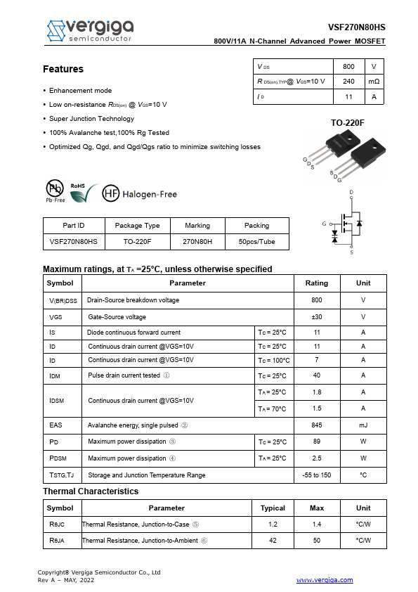 VSF270N80HS 800V/11A N-Channel Advanced Power MOSFET by Vergiga - Datasheet Preview