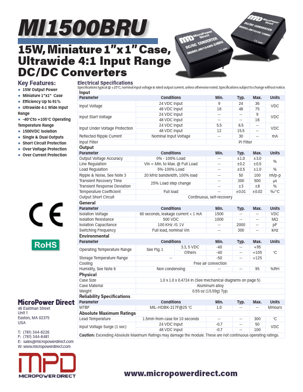 MI1500BRU Ultrawide 4:1 Input Range DC/DC Converters by MicroPower Direct - Datasheet Preview