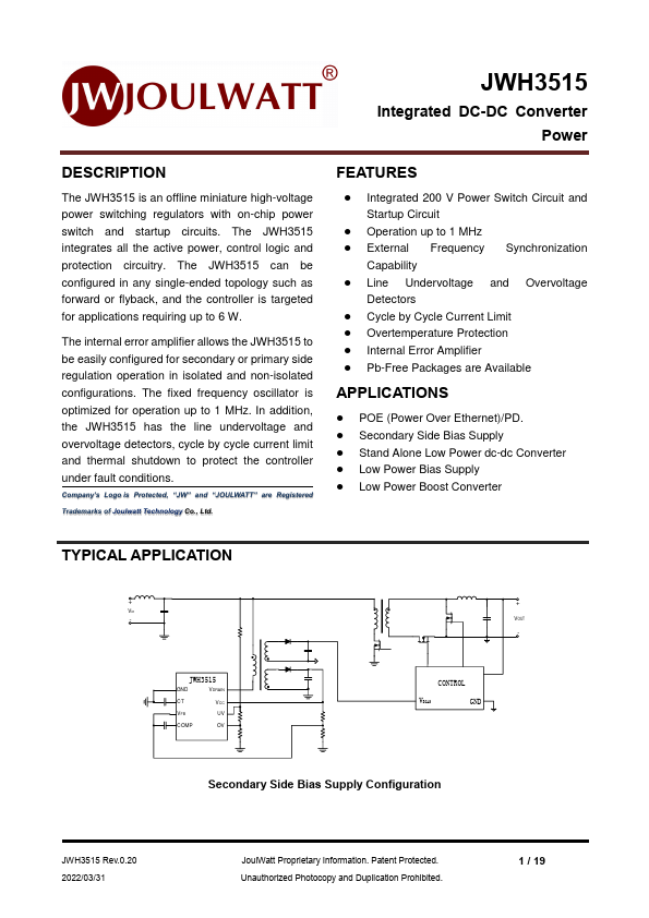 JWH3515 Integrated DC-DC Converter by JoulWatt - Datasheet Preview