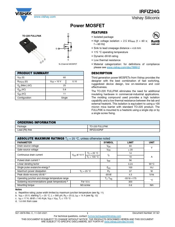 IRFIZ24GPbF Datasheet Preview