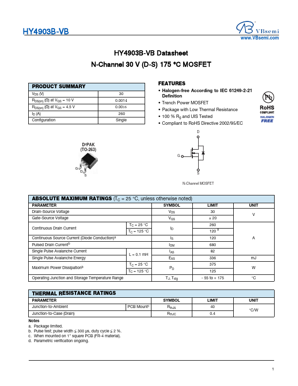HY4903B N-Channel 30V MOSFET by VBsemi - Datasheet Preview