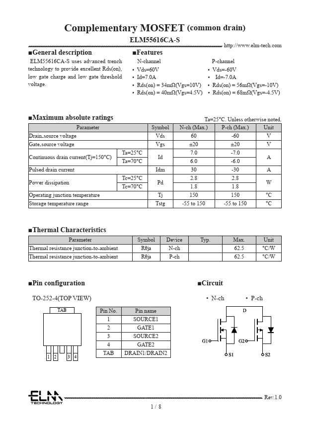 ELM55616CA-S Complementary MOSFET by ELM - Datasheet Preview