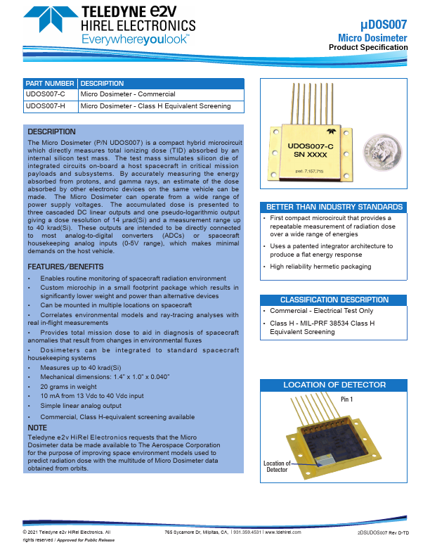 uDOS007 Micro Dosimeter by Teledyne - Datasheet Preview