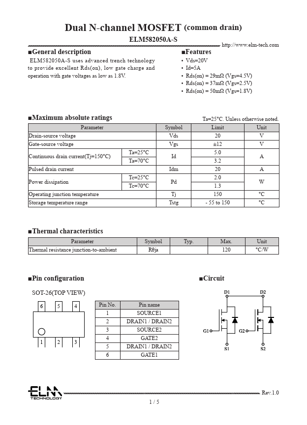 ELM582050A-S Dual N-channel MOSFET by ELM - Datasheet Preview