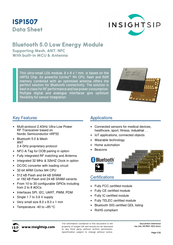 ISP1507 High Performance Bluetooth 5 Ready Low Energy Module by Insight SiP - Datasheet Preview