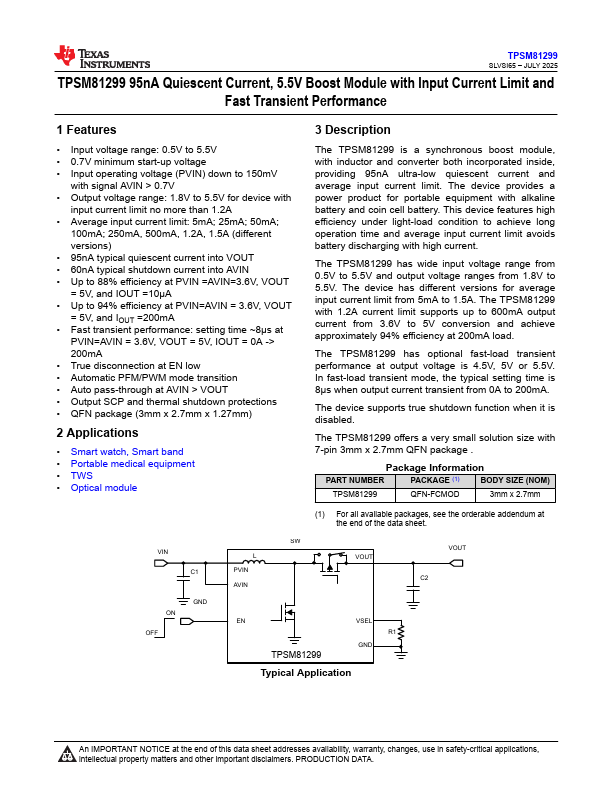 TPSM81299 95nA Quiescent Current 5.5V Boost Module by Texas Instruments - Datasheet Preview