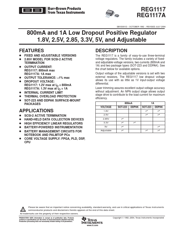 REG1117 800mA and 1A Low Dropout Positive Regulator by Burr-Brown - Datasheet Preview