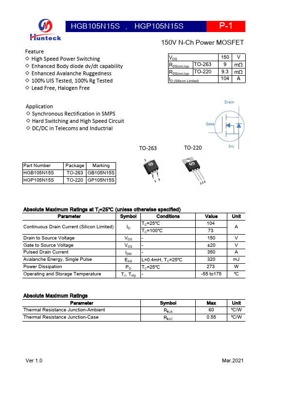 HGP105N15S 150V N-Ch Power MOSFET by Hunteck - Datasheet Preview