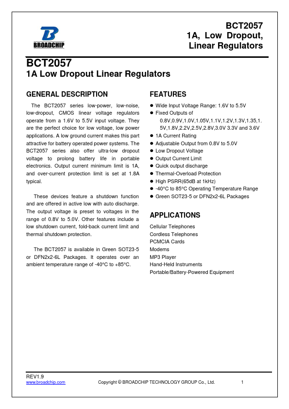 BCT2057 1A Linear Regulators by BROADCHIP - Datasheet Preview