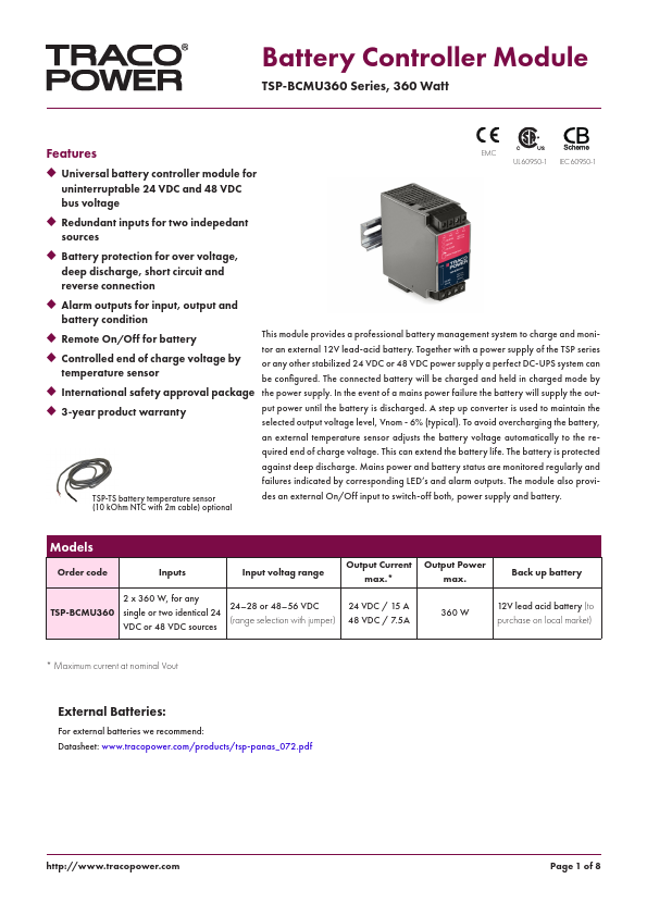 TSP-BCMU360 Battery Controller Module by TRACO POWER - Datasheet Preview