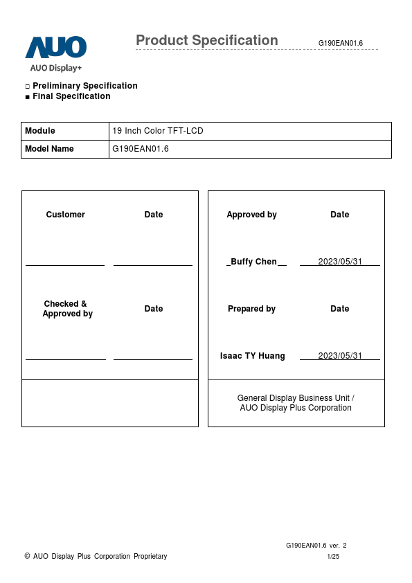 G190EAN01.6 Datasheet Preview