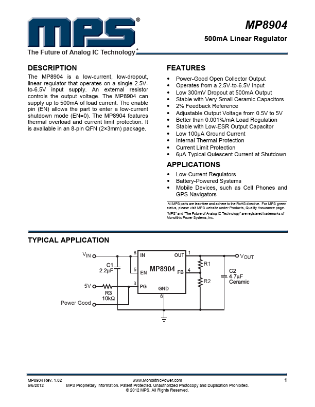 MP8904 500mA Linear Regulator by MPS - Datasheet Preview