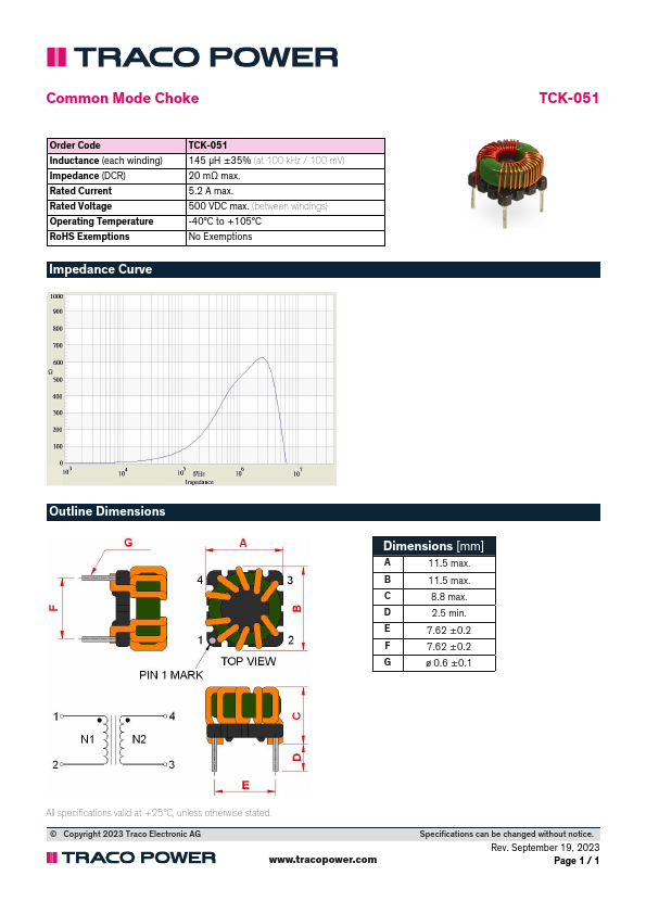 TCK-051 Common Mode Choke by TRACO POWER - Datasheet Preview