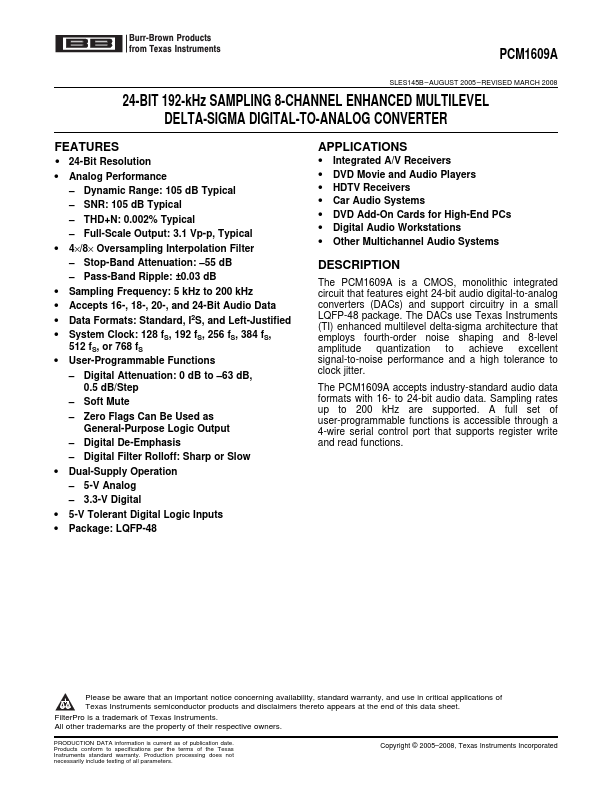 PCM1609A 24-BIT 8-CHANNEL DIGITAL-TO-ANALOG CONVERTER by Burr-Brown - Datasheet Preview