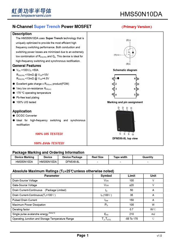 HMS50N10DA Datasheet Preview