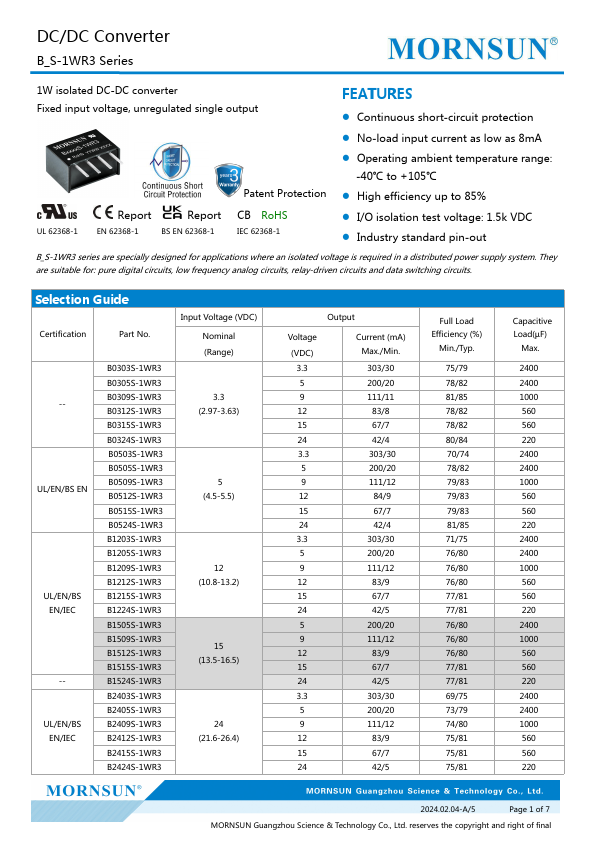 B0509S-1WR3 DC/DC Converter by MORNSUN - Datasheet Preview