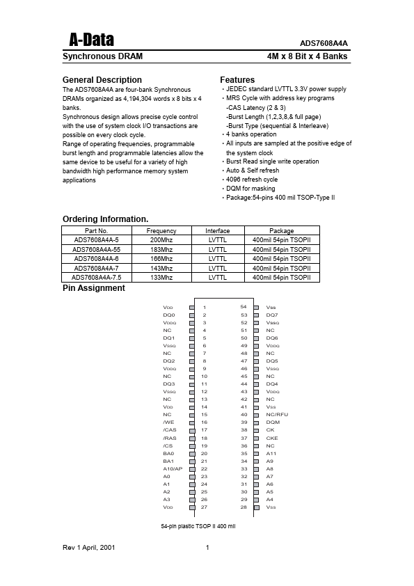ADS7608A4A Synchronous DRAM by A-Data Technology - Datasheet Preview