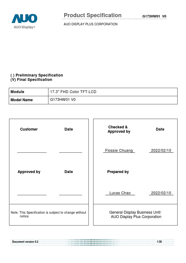 G173HW01-V0 Datasheet Preview