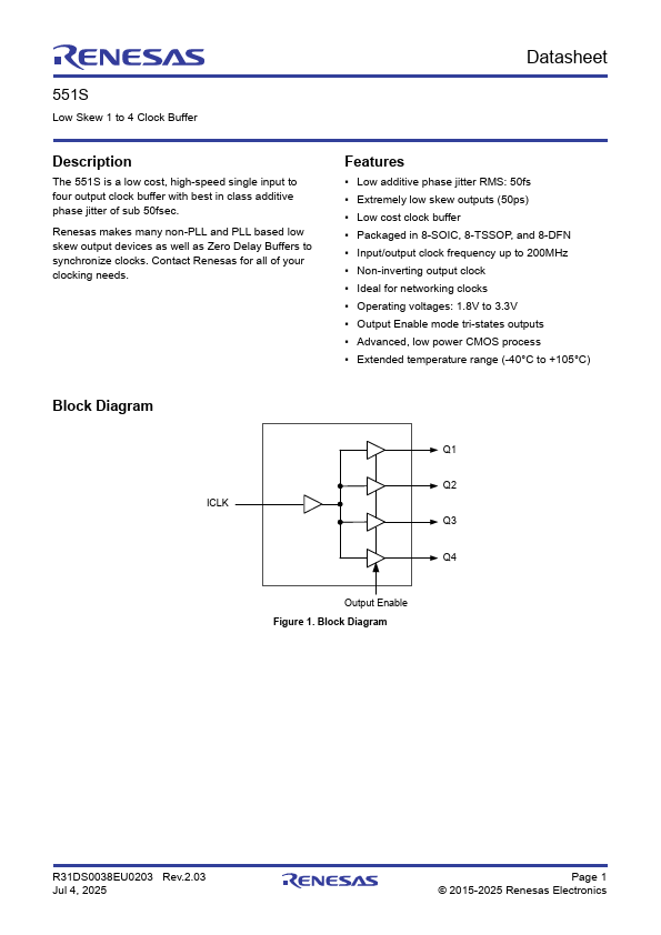 551S Low Skew 1 to 4 Clock Buffer by Renesas - Datasheet Preview
