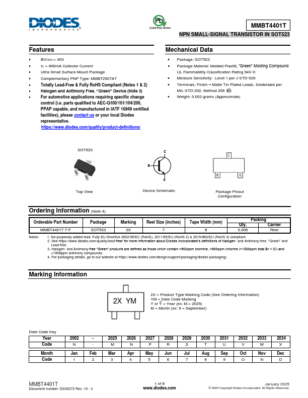 MMBT4401T NPN SMALL-SIGNAL TRANSISTOR by DIODES - Datasheet Preview
