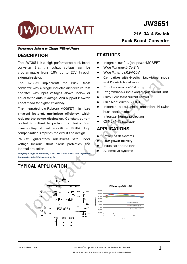 JW3651 21V 3A 4-Switch Buck-Boost Converter by JoulWatt - Datasheet Preview