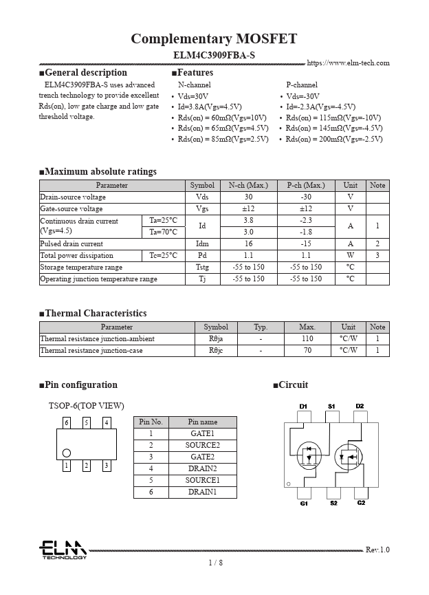 ELM4C3909FBA-S Complementary MOSFET by ELM - Datasheet Preview
