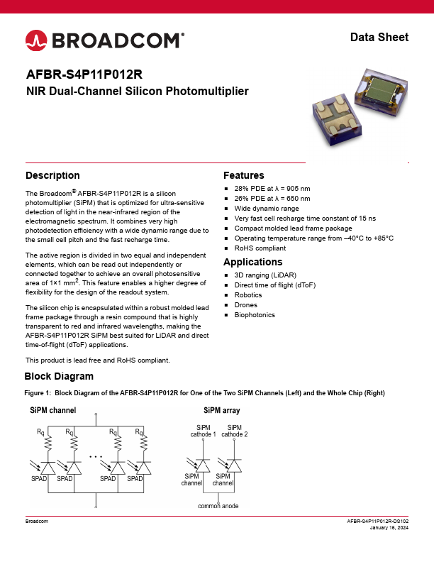 AFBR-S4P11P012R NIR Dual-Channel Silicon Photomultiplier by Broadcom - Datasheet Preview