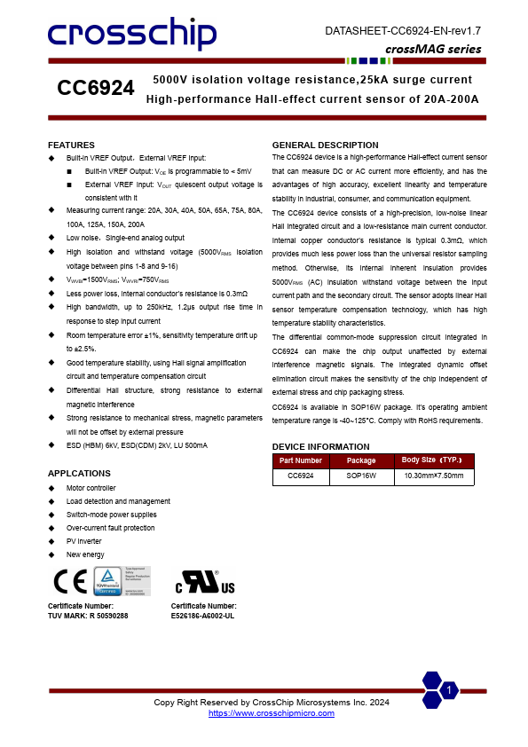CC6924 High-performance Hall-effect current sensor by CrossChip - Datasheet Preview