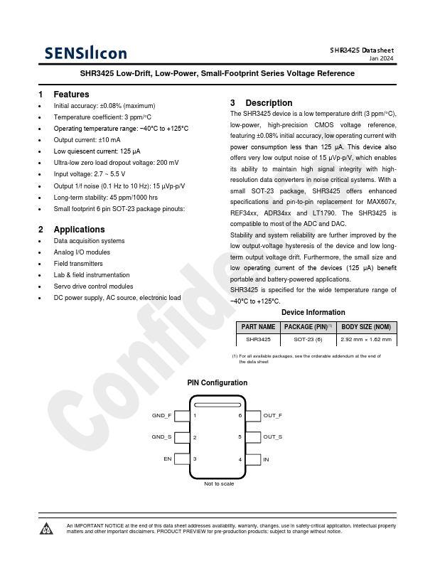 SHR3425 Small-Footprint Series Voltage Reference by Shanhai Semiconductor - Datasheet Preview