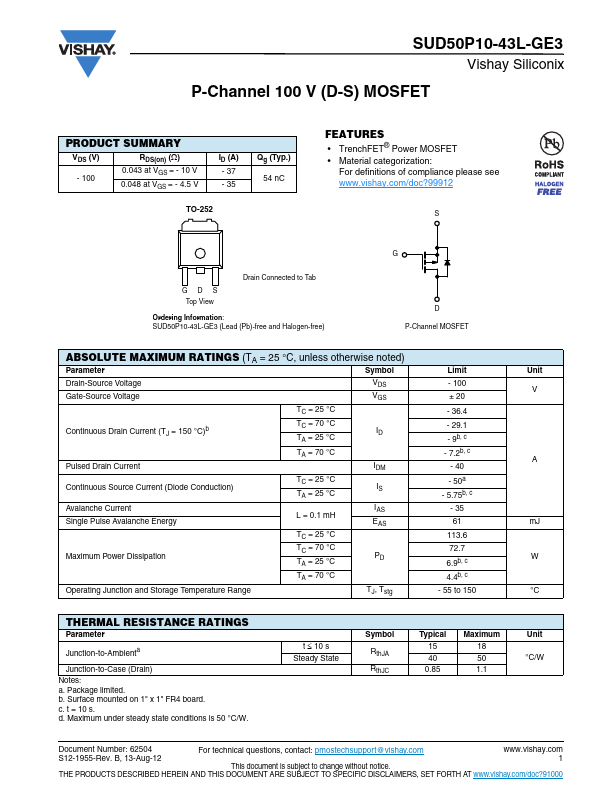 SUD50P10-43L-GE3 Datasheet Preview