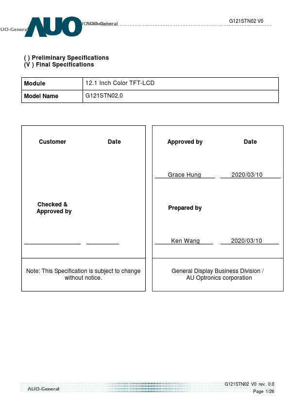 G121STN02.0 Datasheet Preview