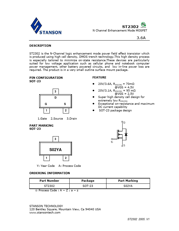 ST2302 3.6A N-Channel Enchancement Mode MOSFET by Stanson Technology - Datasheet Preview