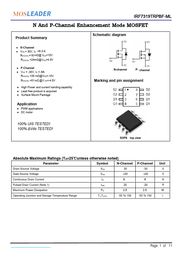 IRF7319TRPBF-ML N And P-Channel Enhancement Mode MOSFET by MOSLEADER - Datasheet Preview