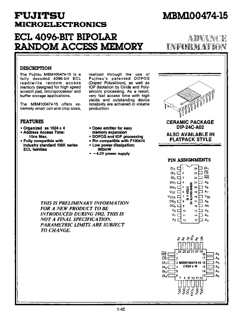 MBM100474-15 ECL RAM by Fujitsu - Datasheet Preview