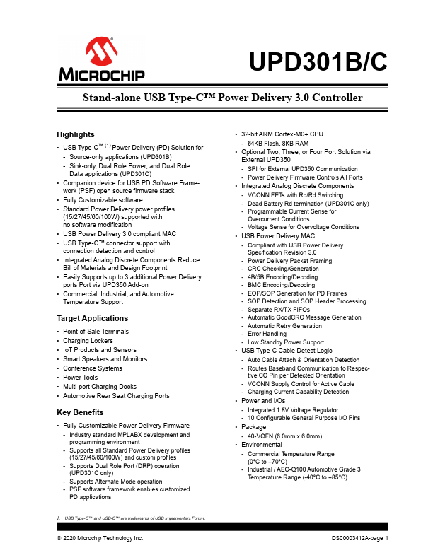 UPD301B Stand-alone USB Type-C Power Delivery 3.0 Controller by Microchip - Datasheet Preview