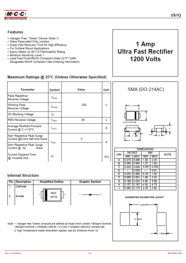 US1Q 1Amp 1200V Ultra Fast Rectifier by MCC - Datasheet Preview