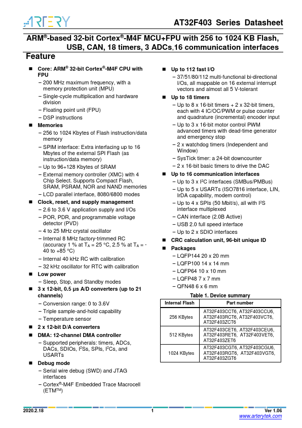 AT32F403RET6 datasheet page 1 preview