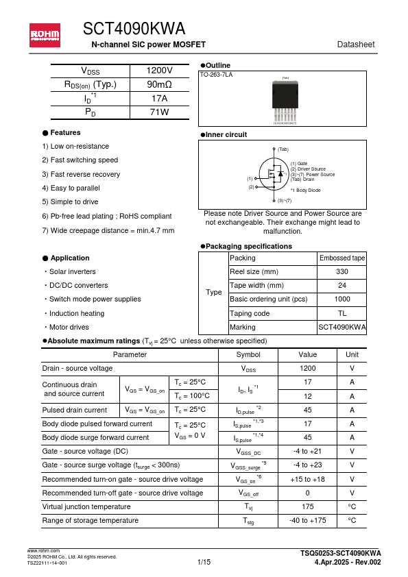 SCT4090KWA N-channel SiC power MOSFET by ROHM - Datasheet Preview