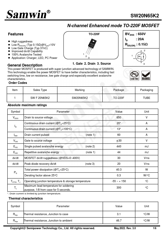 SW20N65K2 Datasheet Preview