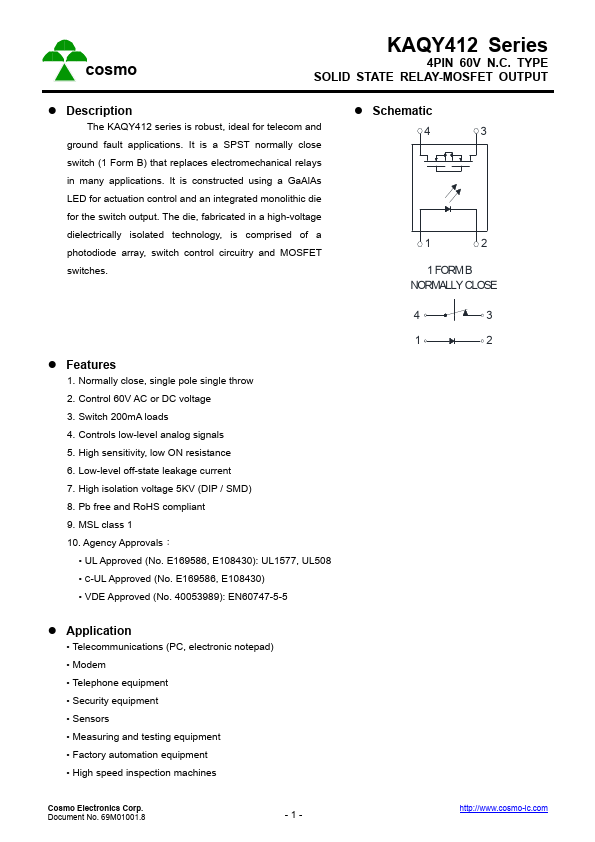 KAQY412A SOLID STATE RELAY-MOSFET OUTPUT by Cosmo - Datasheet Preview
